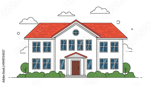 Large two-story residential mansion or school building with a red roof and symmetrical windows set against a cloudy sky background.