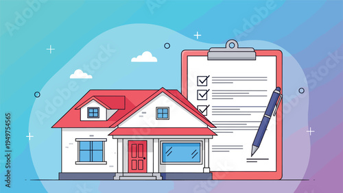 Residential house with a large clipboard checklist and a blue pen illustrates home inspection and real estate agreements.