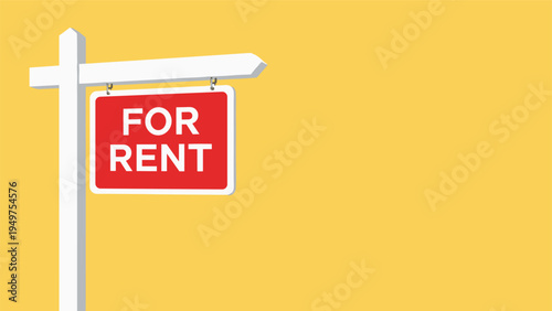 Red for rent sign hanging on a white wooden post against a bright yellow background indicates property availability.