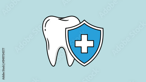 Human tooth protected by a medical shield icon represents professional dental services and dental insurance coverage plans.