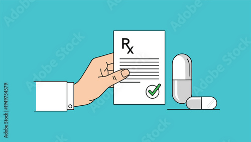 Hand holding a medical prescription document next to two medicine capsules signifies pharmacy services and healthcare treatment.