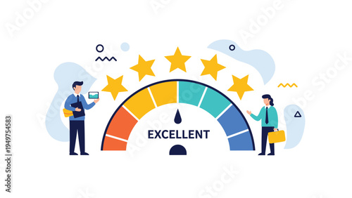 Customer satisfaction gauge pointing to excellent with five stars and people symbolizes high quality and positive feedback.