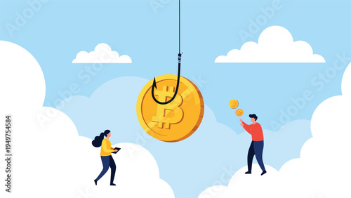 Bitcoin coin dangling on a fishing hook with people watching represents cryptocurrency scams, phishing, and financial risk.