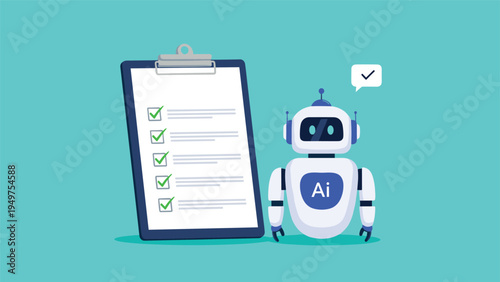 Humanoid robot standing next to a giant clipboard with a checklist signifies AI-powered task management and process automation.