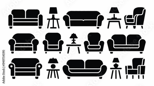 Minimalist furniture icons including sofas chairs and lamps in black silhouette on white background for design and decoration