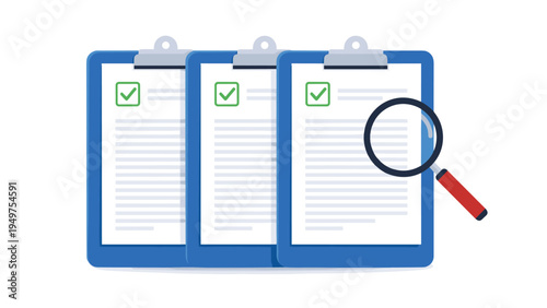 Group of three clipboards with checklists being viewed through a magnifying glass depicts rigorous data audit and task review.