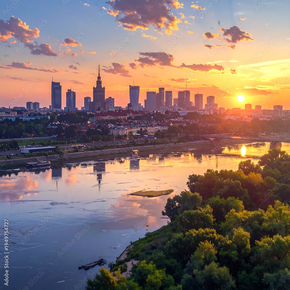 Fototapeta premium A serene cityscape at sunset with a river and lush greenery (3)