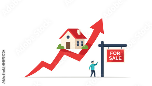 Real estate market appreciation and property sale concept with a house on a red growth arrow next to a for sale sign and a person gesturing.