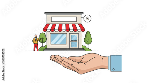 Business ownership and small shop management concept with a large hand holding a retail store building next to a businessman figure and trees.