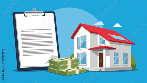 Real estate investment and home buying concept with a modern house next to stacks of dollar bills and a property contract on a clipboard.