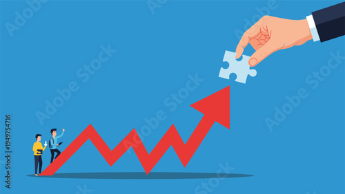 Financial success and business development concept with a hand placing a puzzle piece on a red growth arrow while small characters watch on.