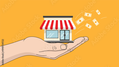 Small business profit and retail store success concept with a hand holding a shop building as dollar bills fly in the air on a yellow background.