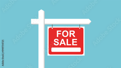 Real estate marketing and property listing concept featuring a red for sale sign hanging on a white post against a simple blue background.