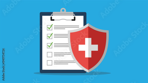 Medical health record and insurance coverage concept with a clipboard containing a checklist next to a red shield with a white medical cross.
