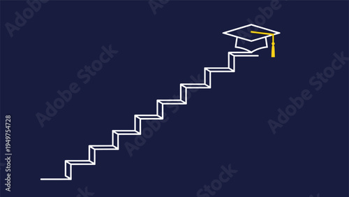Educational progression and academic achievement concept showing a line drawing of stairs leading up to a graduation cap on a dark background.