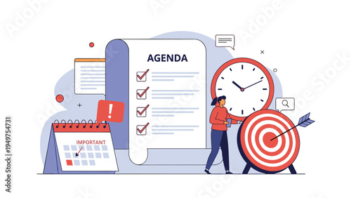 Business planning and time management concept with a woman standing near an agenda checklist, a clock, and a target with a calendar nearby.