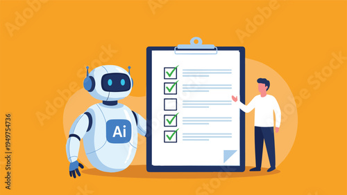 Artificial intelligence and human collaboration in data management concept with a robot and a person standing near a large digital checklist.