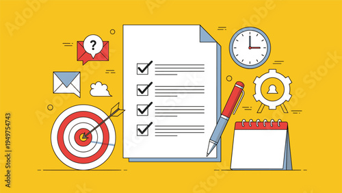 Productivity concept with a target, clock, calendar, and checklist to illustrate effective time management and business goal setting.