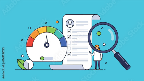 Person analyzing a performance report with a speedometer and checklist to evaluate credit scores or business productivity metrics.