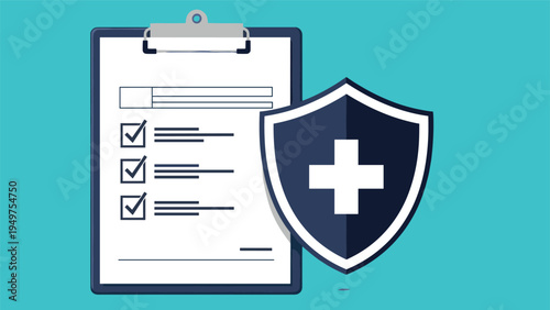 Medical clipboard with a checklist and a health shield with a cross symbol to represent insurance coverage and healthcare policy reviews.