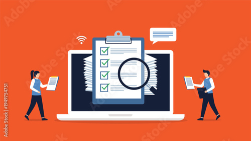 Laptop and a magnifying glass over a checklist used by professional auditors to verify digital documents and online business data.