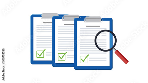 Multiple clipboards with green checkmarks and a magnifying glass used for document auditing, quality control, and data verification tasks.