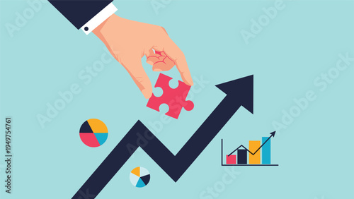Strategic planning and business analytics concept with a hand putting a puzzle piece onto a black growth arrow surrounded by various charts.