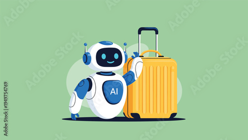 Artificial intelligence robot standing with a yellow suitcase on a green background to symbolize smart travel and automated logistics.