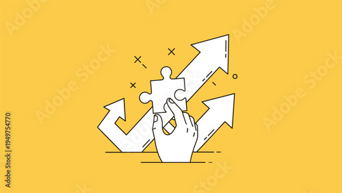 Human hand holding a puzzle piece next to arrows pointing upward to represent problem-solving, business strategy, and financial growth.