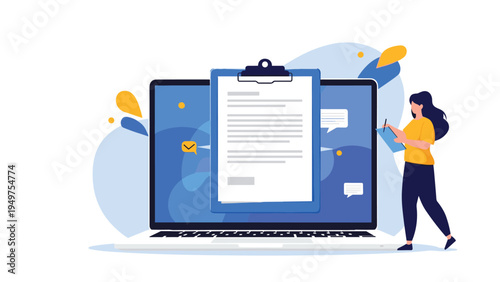 Business woman standing by a laptop and a clipboard to manage digital documents, perform data analysis, and handle corporate reports.