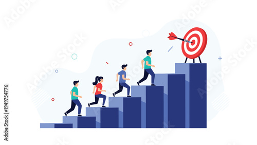 Diverse business people running up a staircase toward a target to symbolize career growth, competition, and reaching corporate milestones.