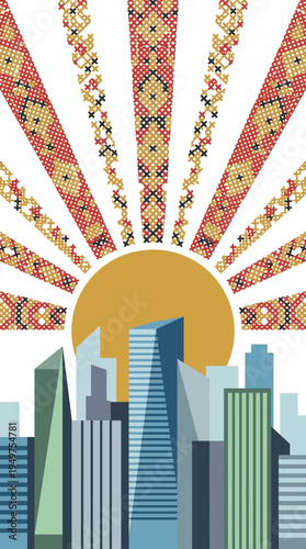 Urban cityscape architecture with ethnic slavic pixel art sunburst background