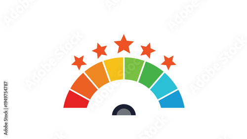 Speedometer gauge with five stars to represent excellent customer satisfaction, performance rating, and high-quality service feedback.