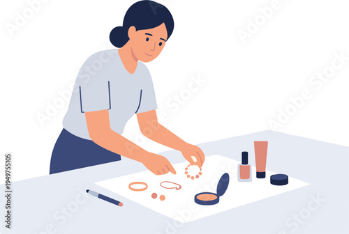Woman creates jewelry on table with makeup and accessories nearby indoors