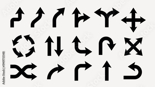 Various black arrow icons in different directions, including curved, straight, and intersecting arrows, on a light background. Arrows in multiple directions. Element vector set.