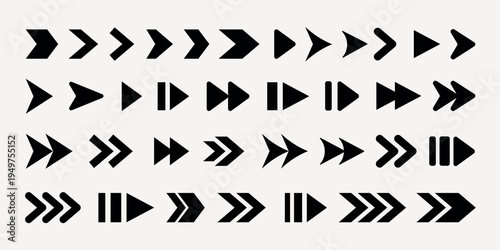 Collection of black arrow icons in various styles and directions. Includes simple, bold, and double arrow designs, all in a uniform black color. Element vector set.