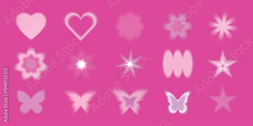 A vibrant pink background features various pink and white shapes like hearts, stars, and butterflies, creating a playful and whimsical design. Cute glowing element set vector.