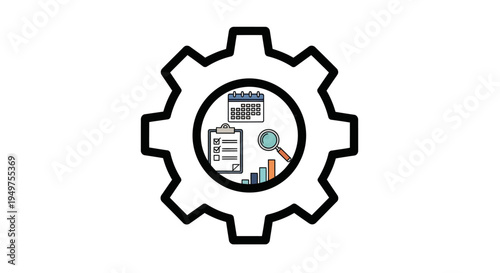 Gear with business analysis icons inside.