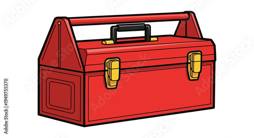 Red metal tool box with handle.