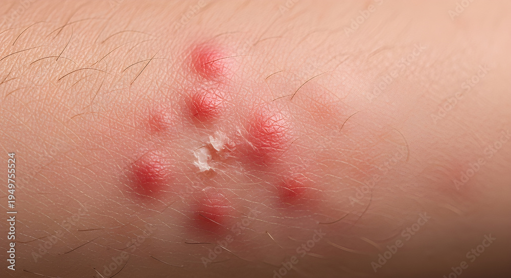 Fototapeta premium Close-up view of a cluster of red, inflamed pimples on human skin, possibly indicating a breakout or skin irritation