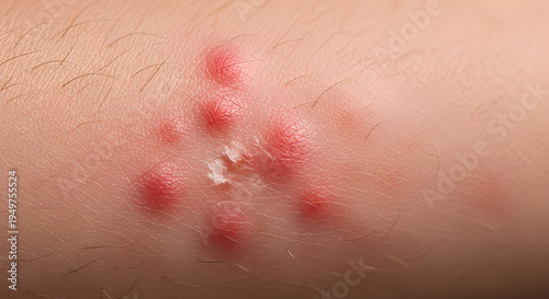 Close-up view of a cluster of red, inflamed pimples on human skin, possibly indicating a breakout or skin irritation