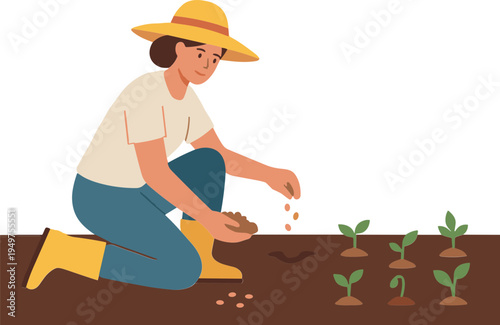 Person planting seeds in soil with green plants growing nearby outdoors