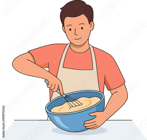 Man in apron mixing batter in blue bowl on table indoors