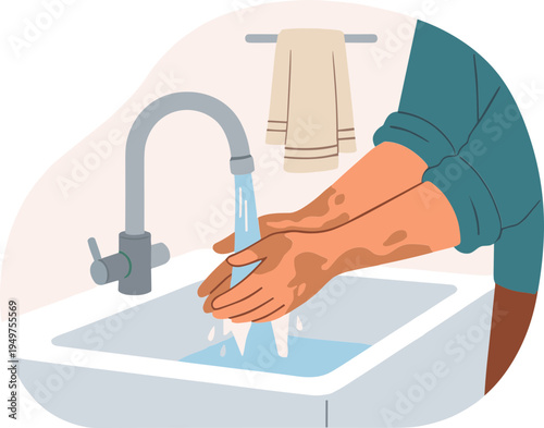 Person washing hands under running water in a bathroom sink