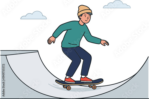 Teenager skateboards on ramp outdoors under cloudy skies wearing casual clothes