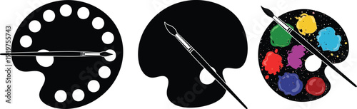 Three artistic variations of a painter palette and brush icon set for creative design projects