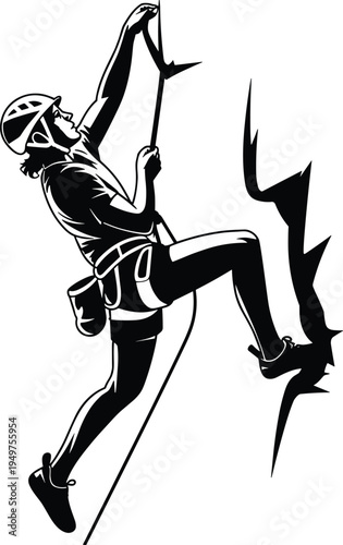 Black and White Minimalist Vector Illustration of a Rock Climber Scaling a Steep Mountain Cliff with Rope and Safety Gear