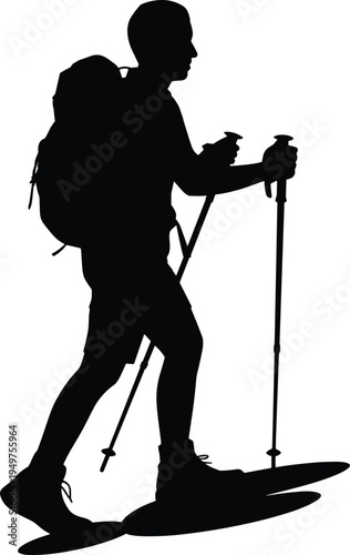 Black silhouette of a female rock climber with rope and a male hiker with backpack and poles for outdoor adventure