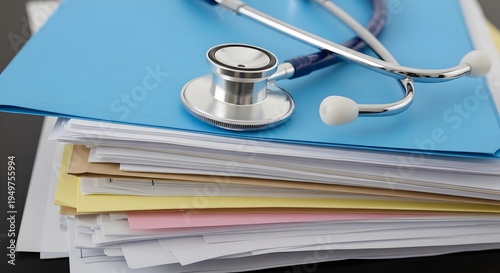 Close-up of a stethoscope on a stack of medical files with colorful folders in a clinical setting.