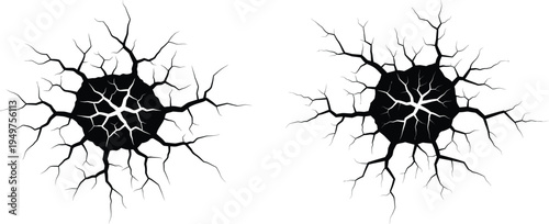 Two distinct black and white graphic illustrations featuring radial crack patterns on surfaces